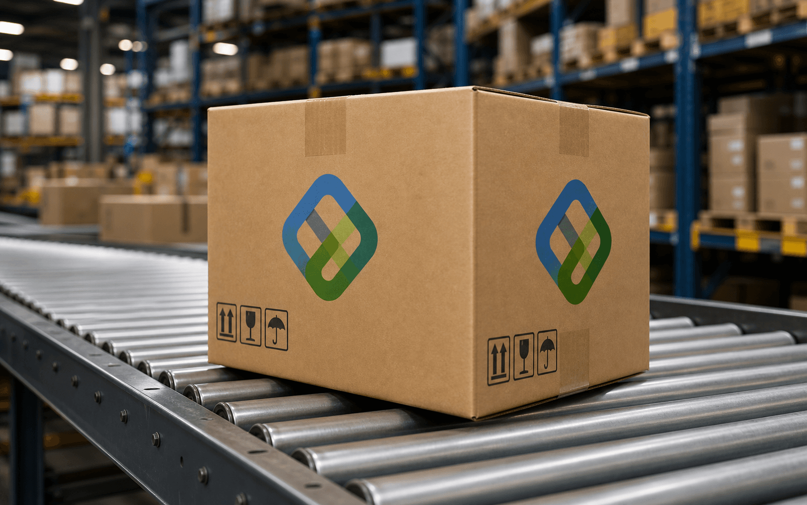 Cardboard shipping box with the BottomLine icon on a warehouse conveyor