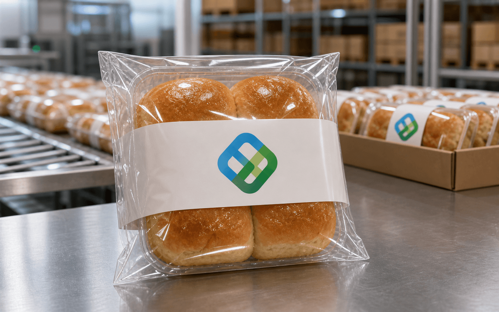 Packaged baked goods with the BottomLine icon in a clean food production setting