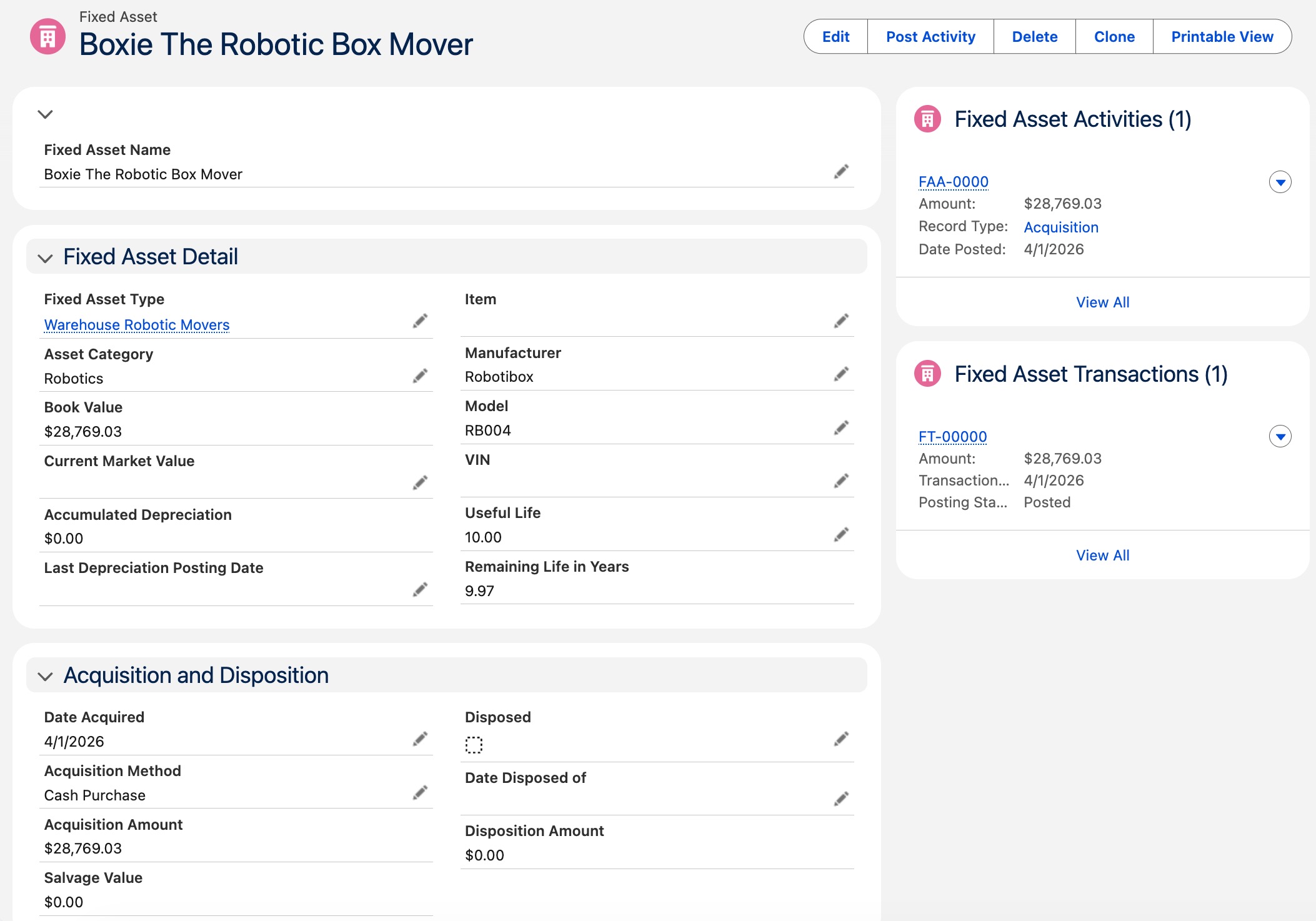 Fixed asset activities workflow screenshot