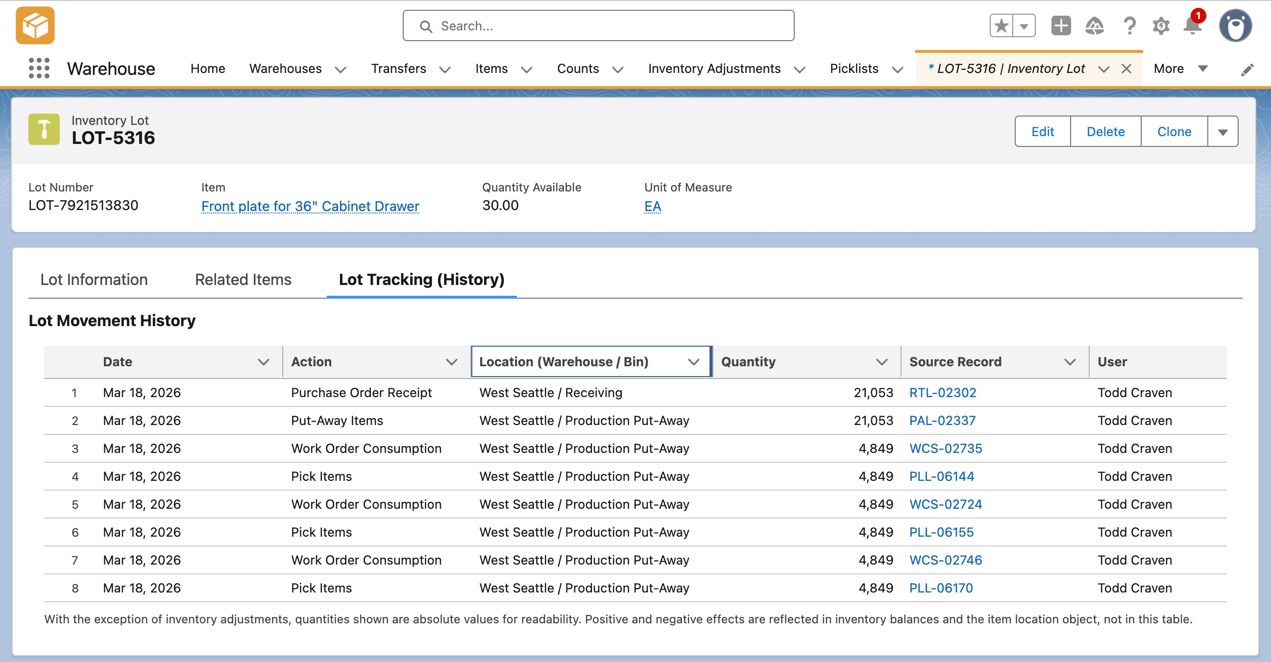 Lot tracking workflow screenshot
