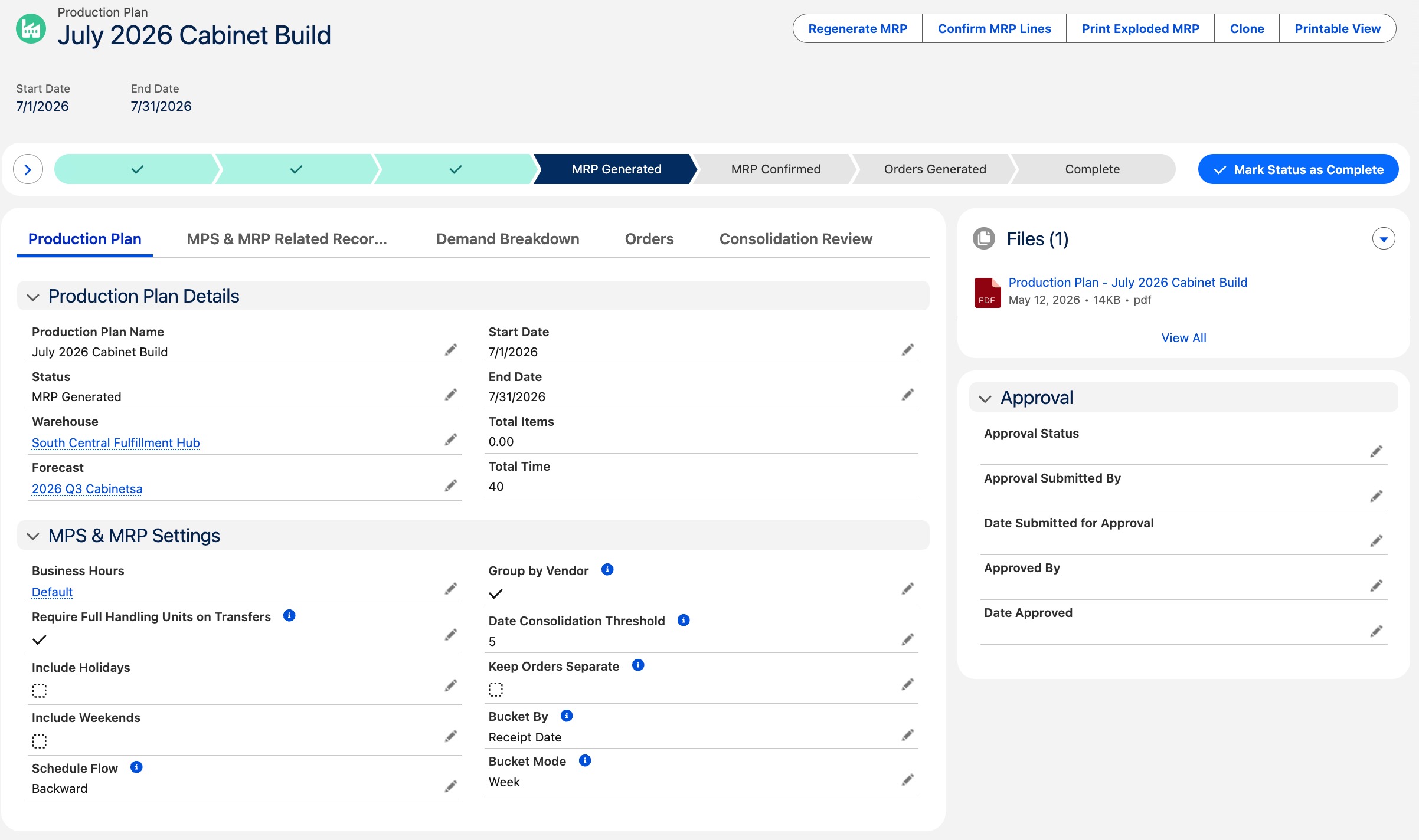 Production planning workflow screenshot