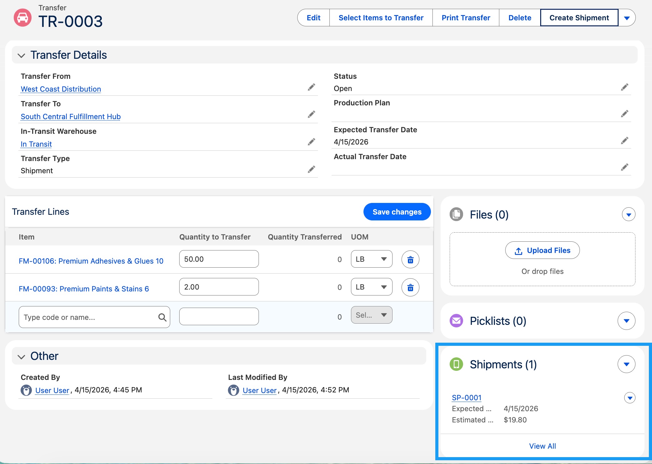Transfer shipments workflow screenshot
