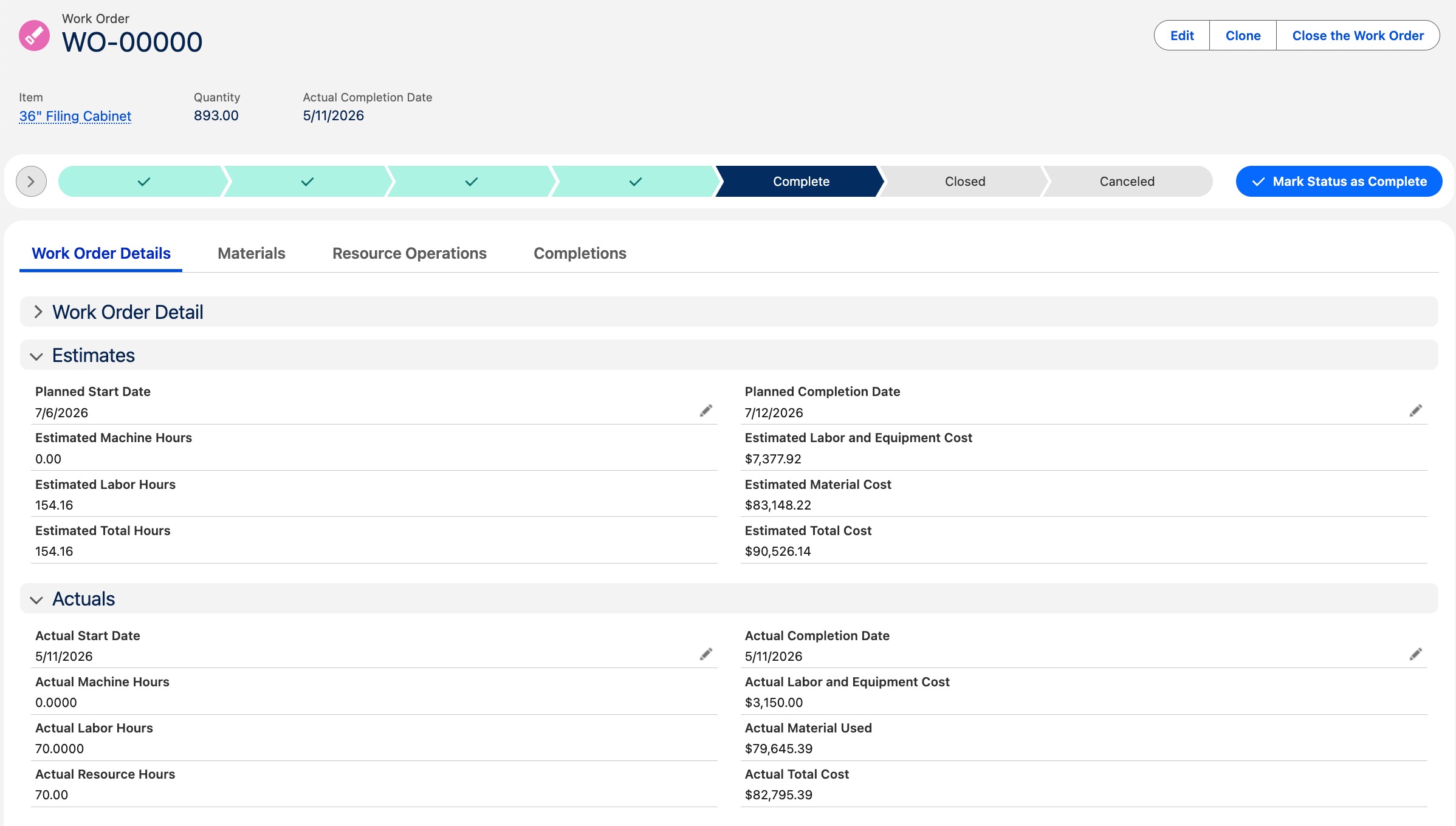 Work order execution workflow screenshot